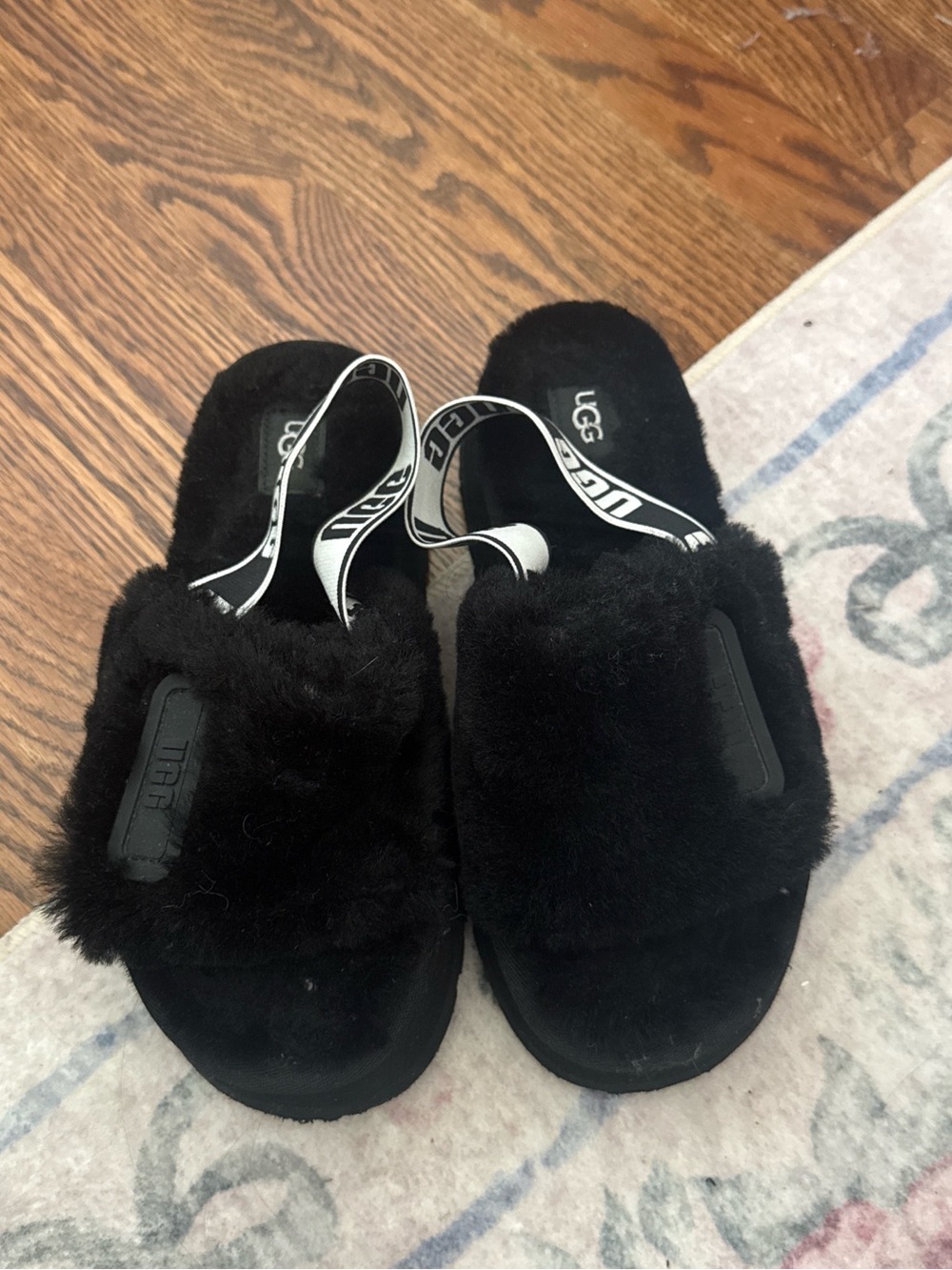 UGG Black Fluff Slide Sandals with Logo Slingback